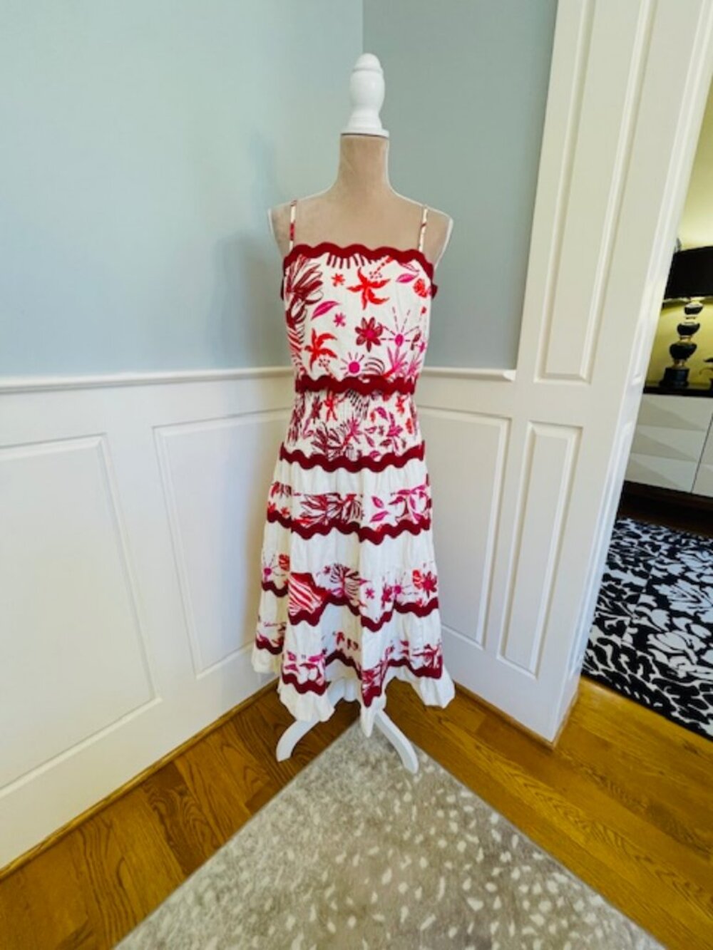 Caroline Constas Linen Blend 2 PC Skirt Crop Top Euro Set Ric Rac Trim NWT Large - Picture 3 of 11